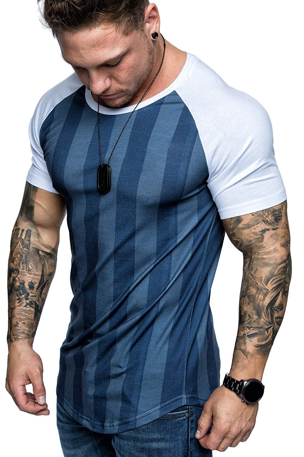 Heren populair korte mouwen t-shirt verticale streep retro ronde hals manchet slim t-shirt heren