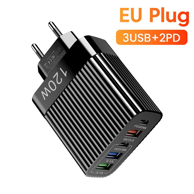 PD 120W GaN Cargador rápido 3,0 EE. UU. UE enchufe viaje portátil 5 puertos USB tipo C carga rápida adecuado para Android Ios iPhone Xiaomi: CH