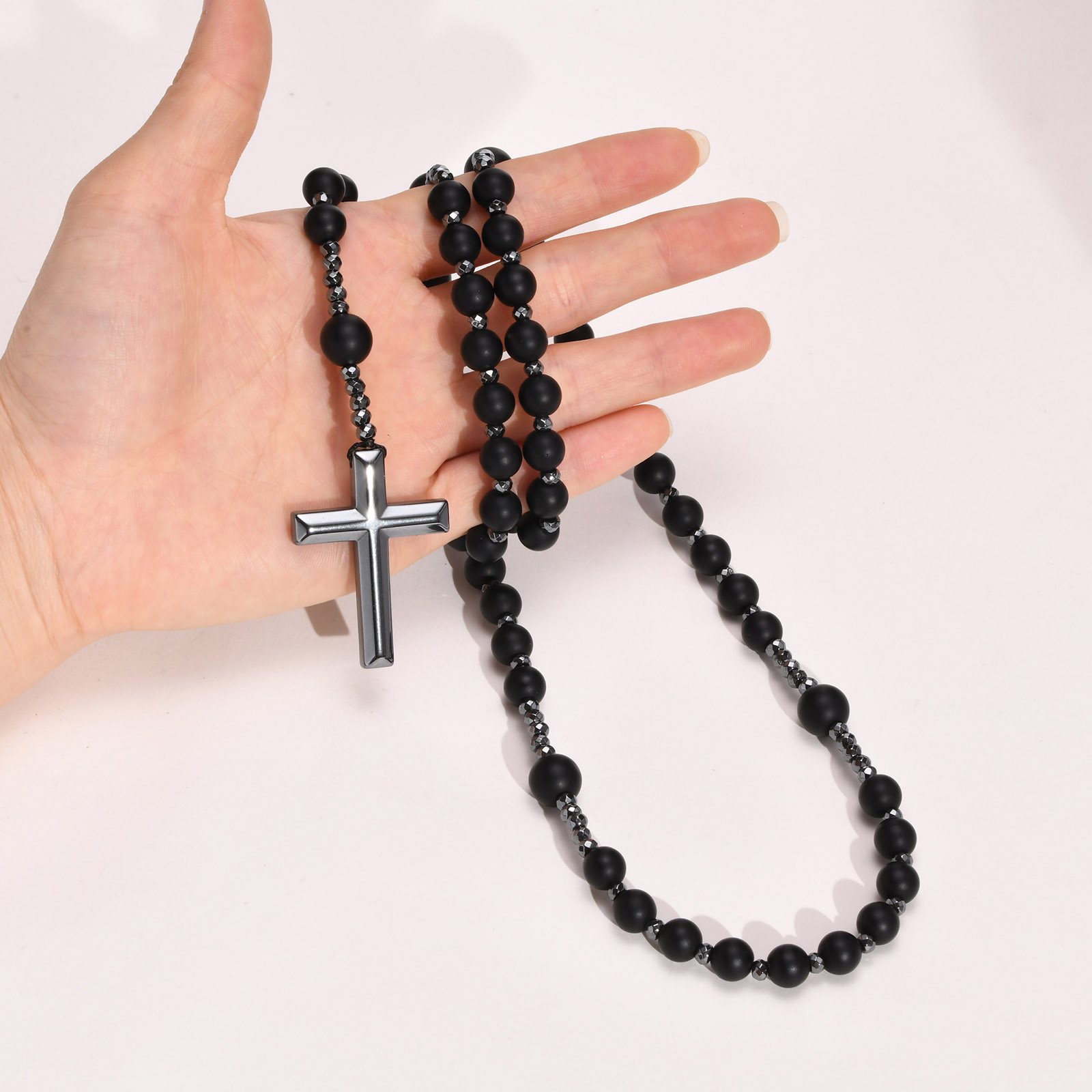 Zwarte Kralen Kruis Rozenkrans Kettingen Voor Mannen, Mannelijke Power Balance Hematiet Ketting, Religieuze Faith Gebed Sieraden