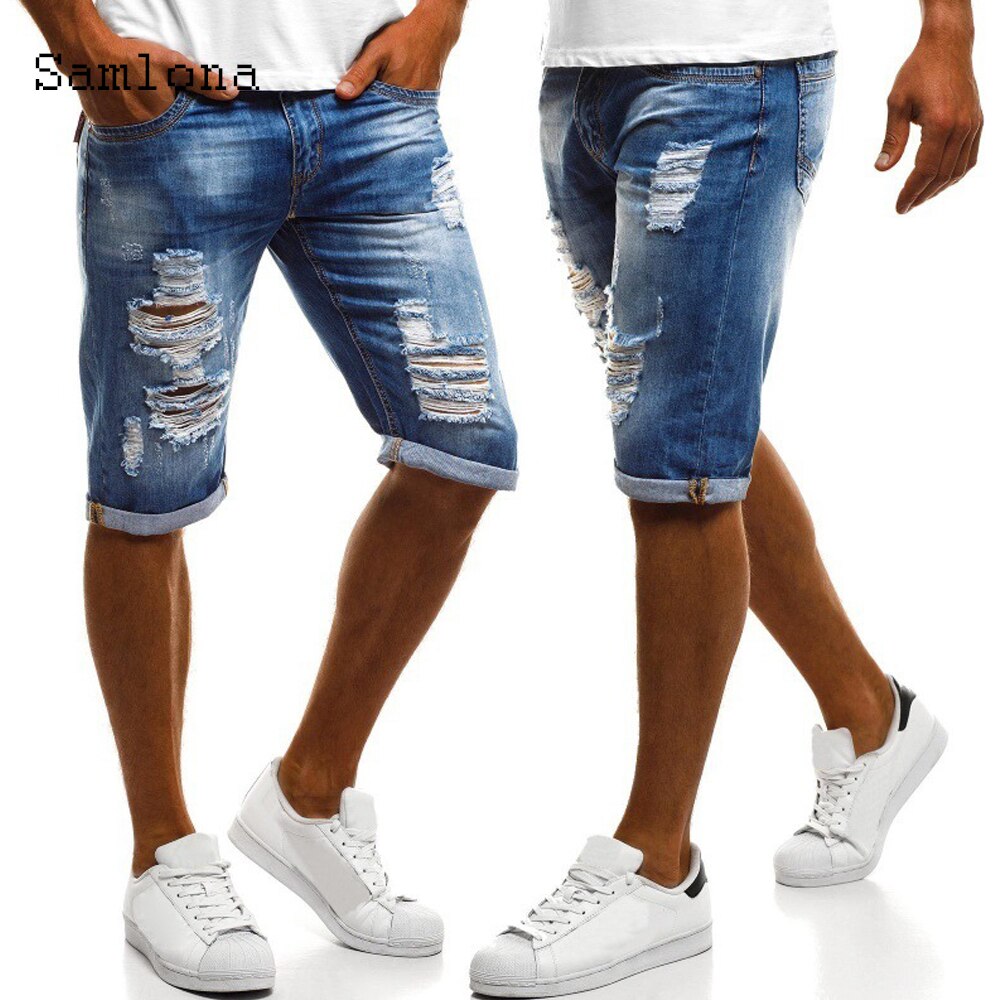 Samlona jeans mænd demin shorts mand hul hul flået kort streetwear herre lommer afslappet trend all-match skinny shorts