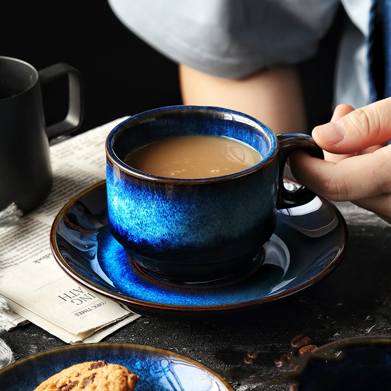 Fashionable porcelain craftsman ceramic coffee cup and dish set breakfast cup afternoon tea Japanese simple Blue
