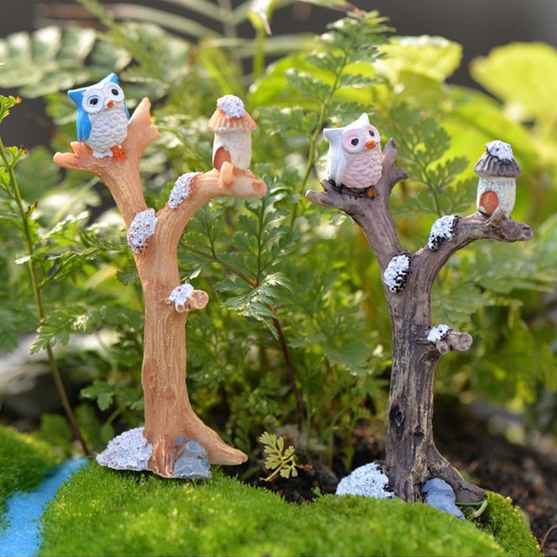 Gufo e ramo in resina fai-da-te Mini artigianato ornamenti giocattolo in miniatura Bonsai Micro paesaggio ornamenti da giardino decorazioni per la casa