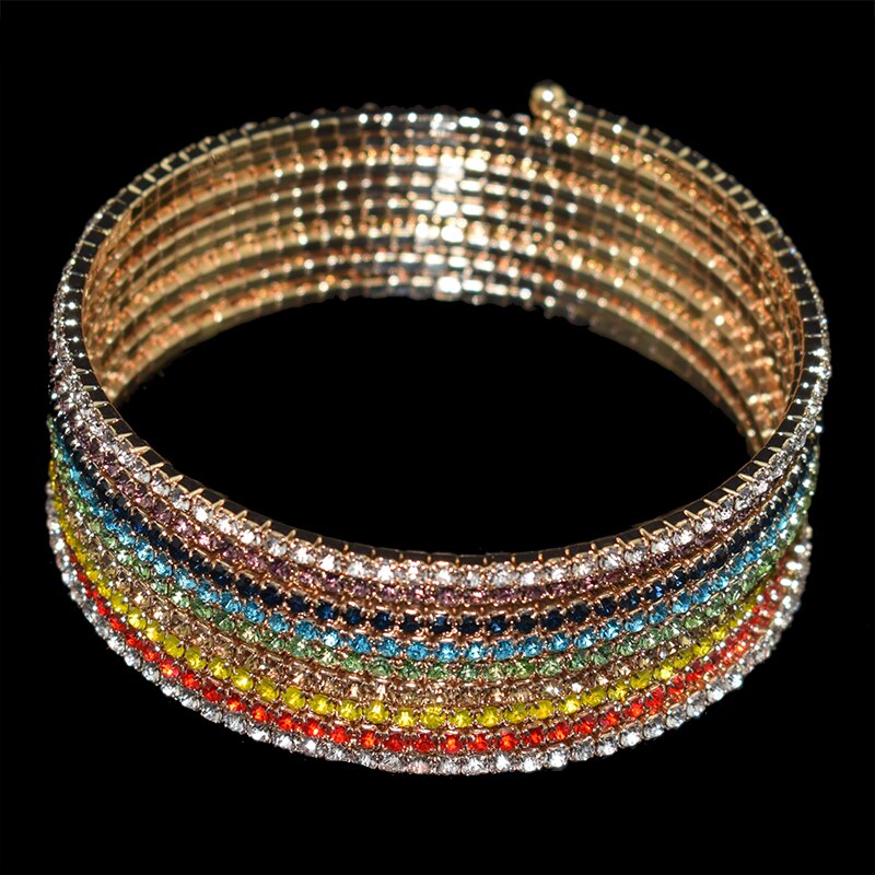 Pulsera de diamantes de imitación para mujer, brazalete de cristal de 3/ 5 filas, multicapa, oro rosa, plata, boda: 9row-gold-XZ