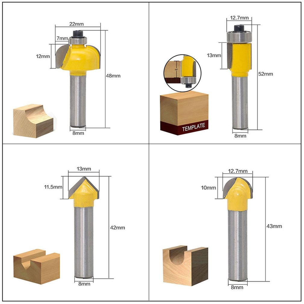 12Pcs/set Milling Cutter Router Bit Set 8Mm Wood Cutter Carbide Shank Mill Woodworking Trimming Engraving Carving Cutting Tool