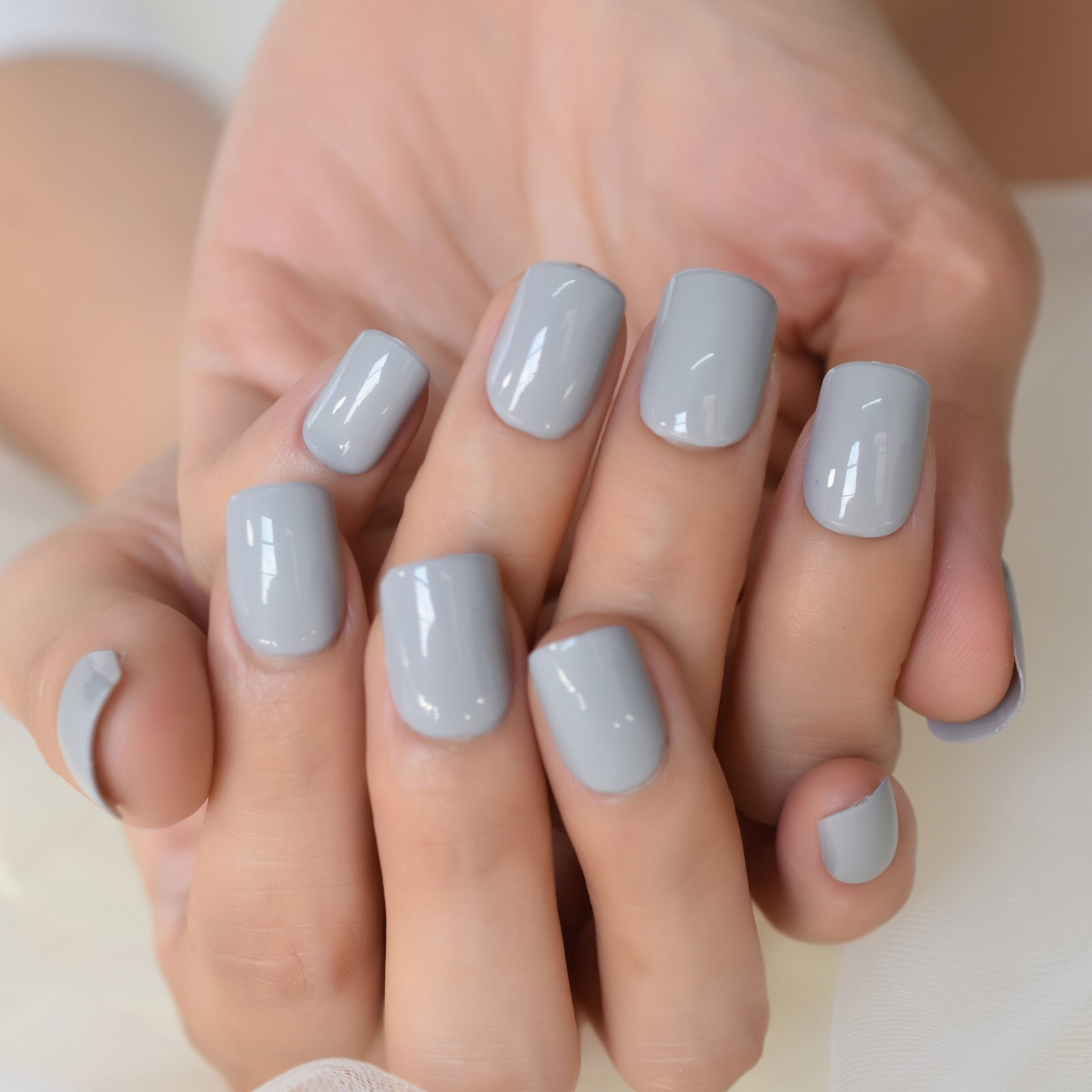 Faux Ongles à pression, brillant, haute luminosité, couverture complète, gris clair, couleur unie, manucure, avec onglets de colle: L6235