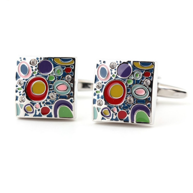 Multicolor Paint Enamel White Crystal Cufflinks Men&#39;s French Shirt Cuff Buttons Trendy Unisex Novel Cuff Links 16MM