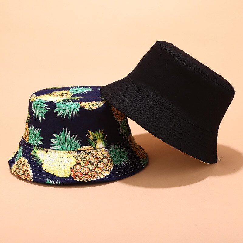 Efterår to lag panama spand hat kvinder mænd harajuku hip hop spand cap vendbar frugt banan vandmelon print fisker hat: Ananas 1