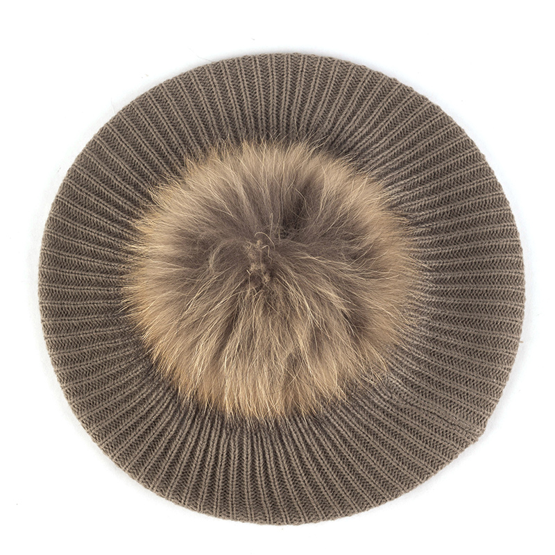 Vrouwen & # 39;s Gebreide Elegante Baretten Zacht Met Echte Pompom Vrouwelijke Kunstenaar Mode Retro Hoeden Dame Effen Kleur Franse Eenvoud Caps: YELLOW