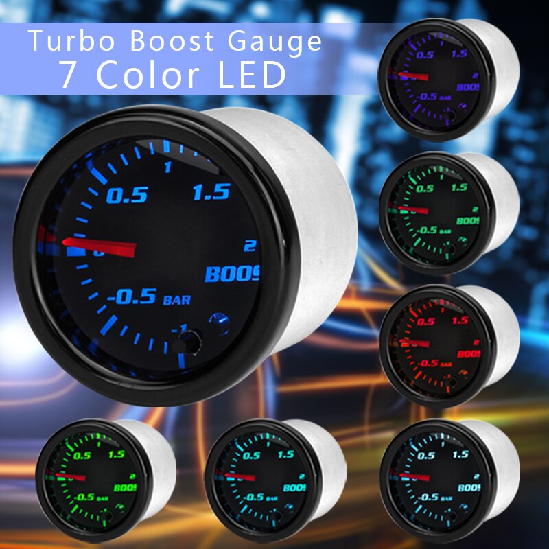 12V 2inch 52MMTurbo Boost Gauge Vacuum Press Meter -1~2 Bar 7 Color LED Black Len Vacuum Hose Cable Car T-Fitting Accessories