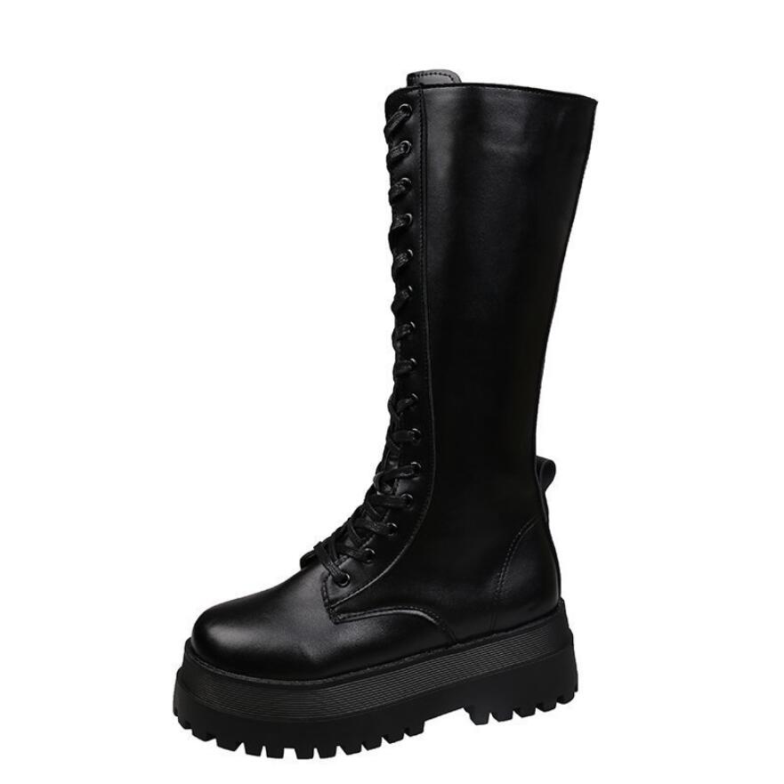 Antumn-Botas de combate para mujer, zapatos góticos de plataforma alta para mujer, botas de cuero negro con cordones, botines hasta la rodilla Martin: 9