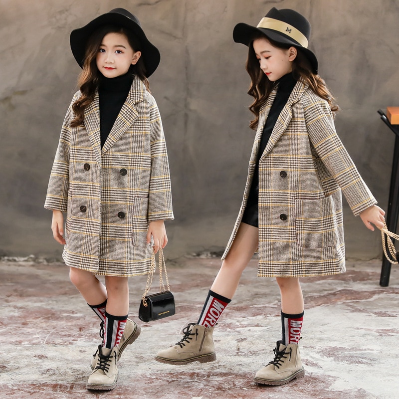 Winter Mädchen Baumwolle Lange Jacken kinder Oberbekleidung Kleidung Kleinkind Kinder Kleidung Casual drehen-unten Kragen Karierten Woll Mantel