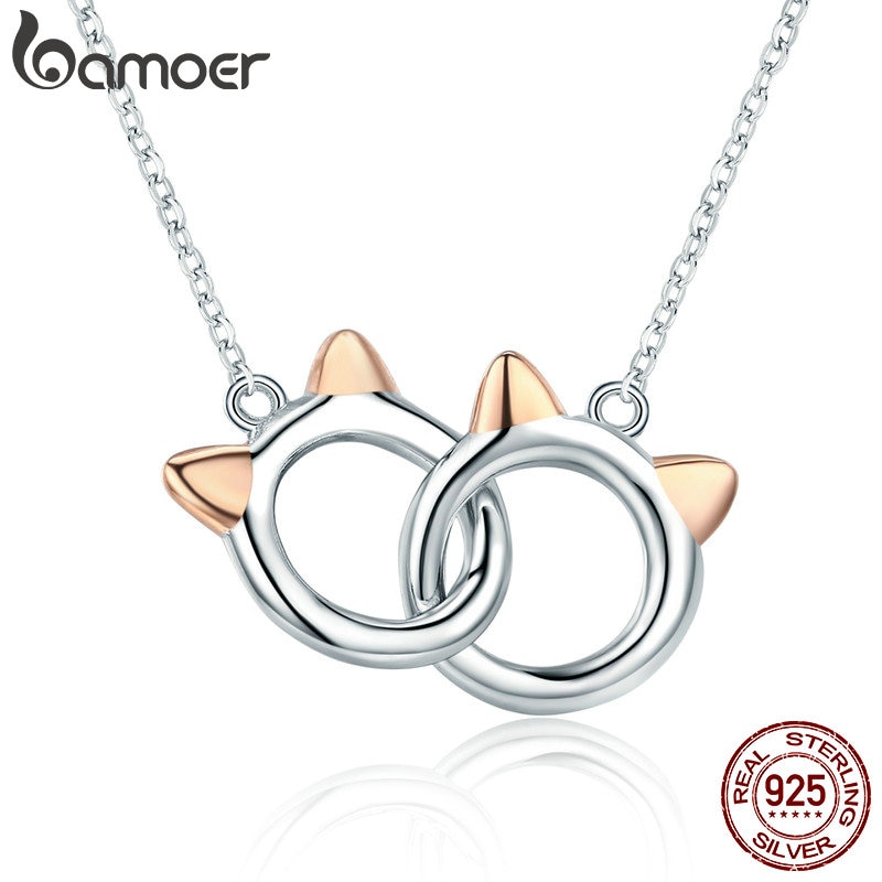 BAMOER-colgante de plata de primera ley con forma de esposas para mujer, collar, Gato, plata esterlina 925, Animal lindo, SCN252