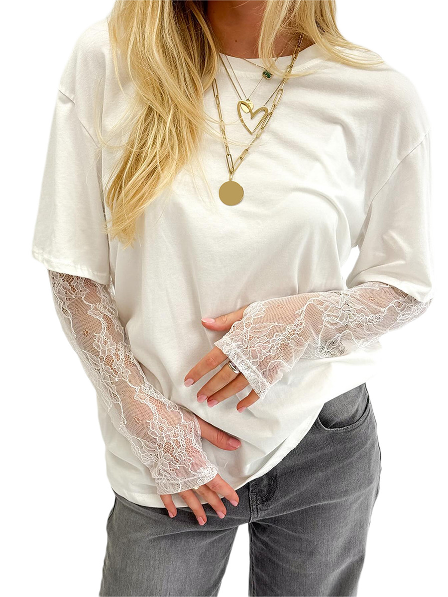 Dam t-shirt med rund hals, spets, långärmad, vardagsskjortor, vår/höst, lös passform, enfärgad t-shirt för streetwear  y2k 00s: M / Vit
