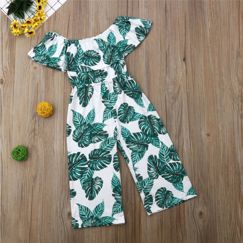 Nuovo Bambino Del Bambino Del Capretto Del Bambino di Estate Delle Ragazze Verde Foglia di Stampa Tute e Salopette Body e Pagliaccetti Freddo Spalla Ruffle Gamba Larga Generale Ropa Del Bambino Della Ragazza vestiti