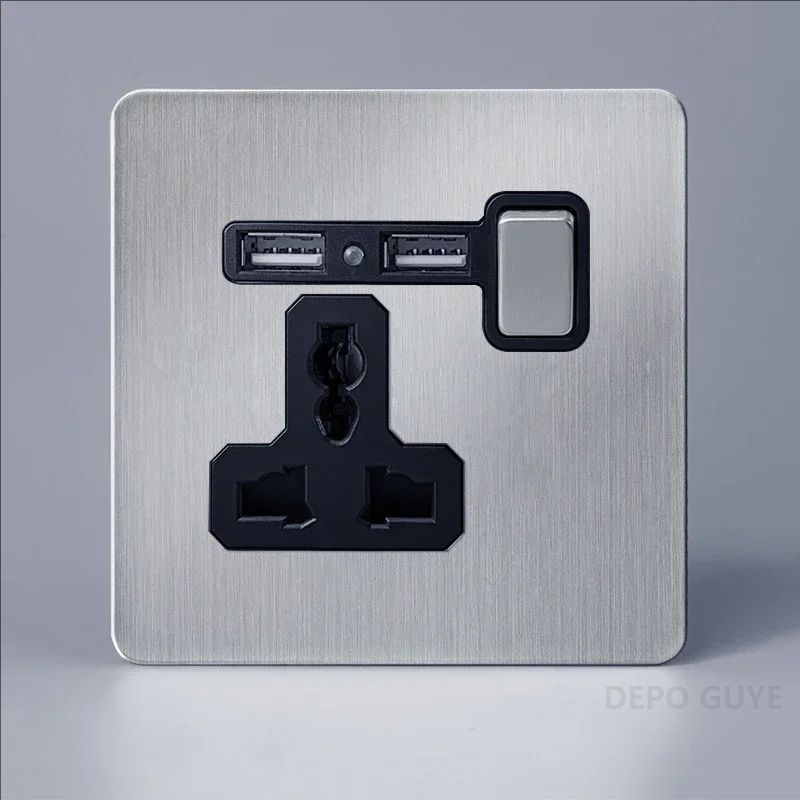 Double Prise de Courant Murale en Acier Inoxydable Brossé, Rétro, UE, France, Levier D.lique Interdit, 1-4 lèvent, 2 Voies, Panneau d'Joli, RJ45: MULTI
