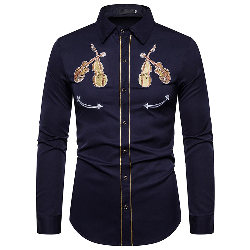 Mænds western cowboy violin broderi skjorte afslappet button down skjorter slim fit langærmede festskjorter personlighed