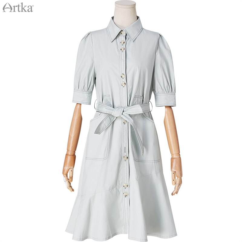 ARTKA Sommer Neue Frauen Jahrgang Puff Hülse einreiher Kleid Mit Schärpe drehen-unten Kragen Baumwolle Hemd kleider LA21301X