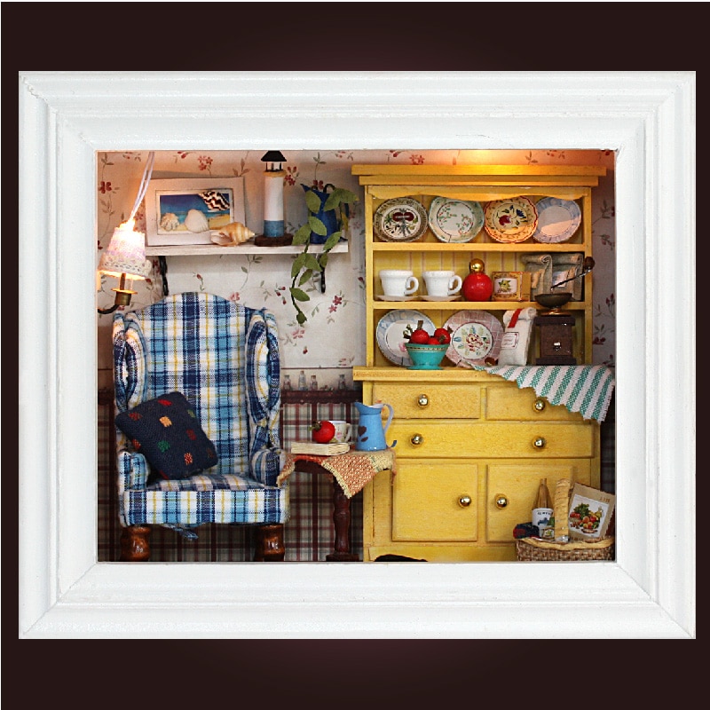 Handgemachte Holz Rahmen Zimmer Kasten Miniatur DIY 3D Puppenhaus Puppenhaus Mädchen Freund Geburtstag Valentinstag Sommer Nachmittag