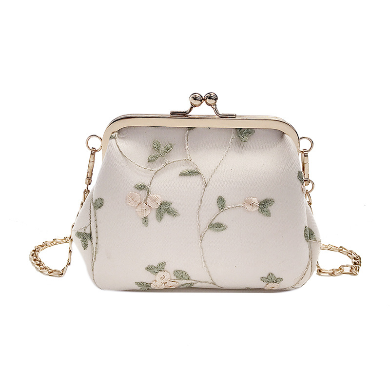 Bolso pequeño con armazón para mujer, bandolera exquisita Bordado hecho a mano de encaje, estilo coreano, ZD1060: White