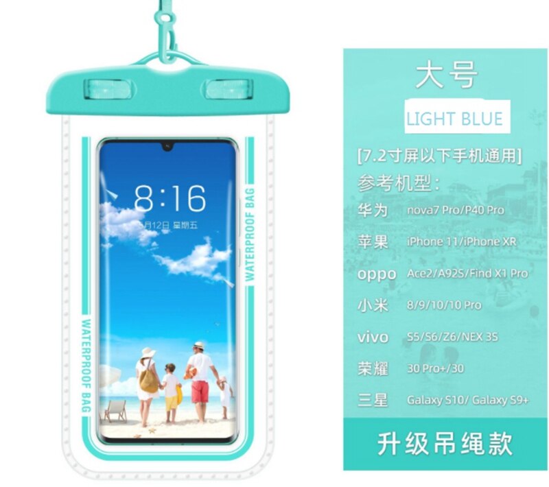 Étui étanche universel pour téléphone portable, housse de natation, étui étanche pour iphone 11 pro max , 6s, 7 plus, xiaomi: Bleu clair