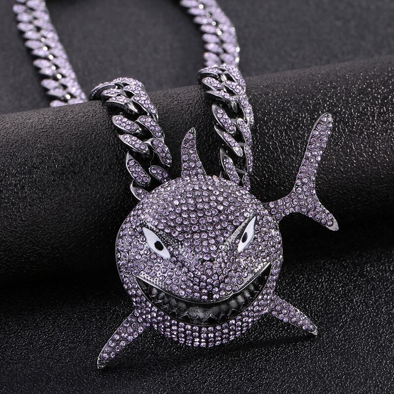 Hip Hop Big Shark Pendant Necklace Pave Bling Cubic Zircon Party Jewelry With Big Iced Out Crystal Miami Cuban Link Chain: purple cuban chain