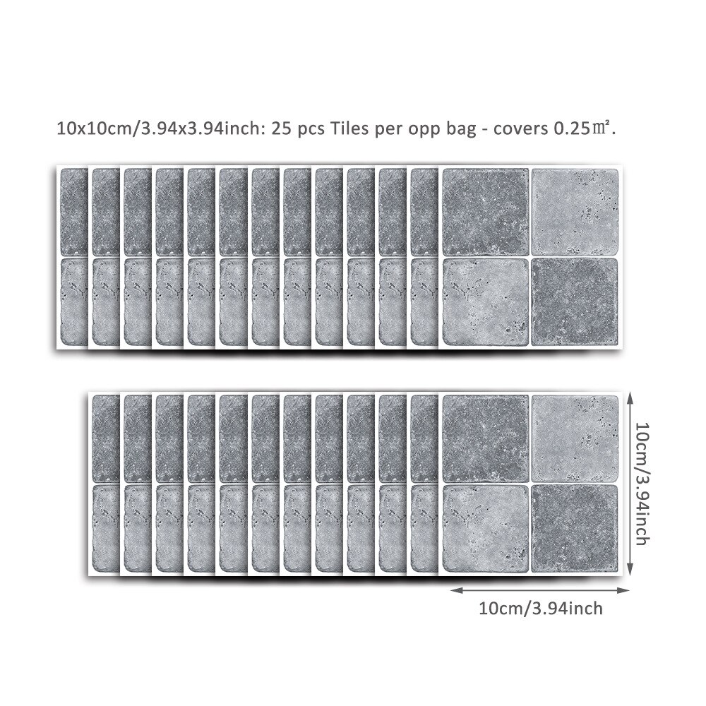 25Pcs Mosaic Tile Stickers Transfers Kitchen Grey Antique Marble Effect Self-adhesive Wall Decor 10x10cm/15x15cm: Gray 10x10cm