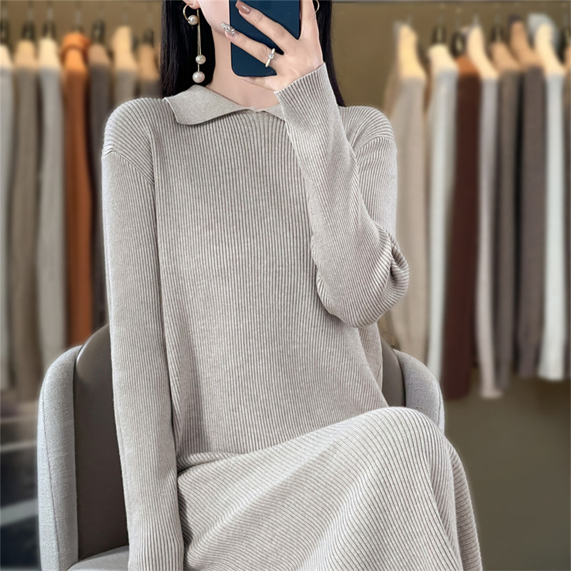 Women's boutique POIO collar long sleeved dress autumn and winter knitted cashmere sweater Women's solid color pullover long
