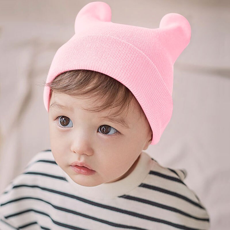 Sød ensfarvet babyhue med ører efterår vinter varm kid strikket hue til baby pige dreng blød spædbarn småbørn hue foto rekvisitter