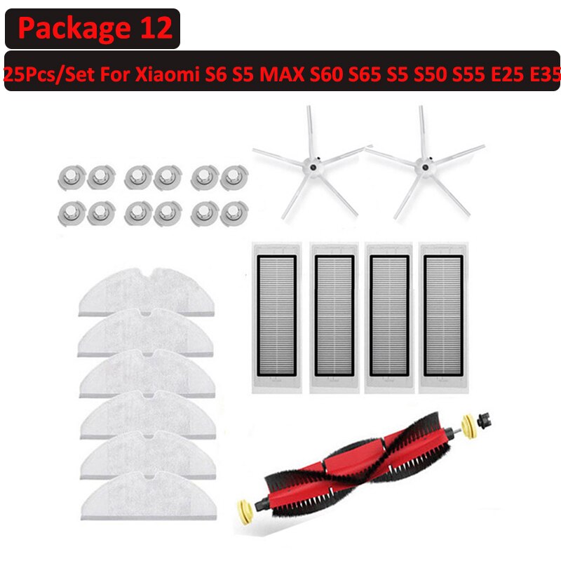 6 ~ 25 stk avtakbar rullesidebørstefiltersett til xiaomi roborock  s6 s60 s65 s5 max  t6 støvsuger feie tilbehør: Pakke 12