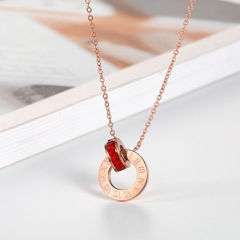 Estilo coreano jane sobre 18k ouro rosa titânio aço ornamento numerais romanos anel circular diamante conjunto colar feminino accessor: Rose Gold Red Diamond