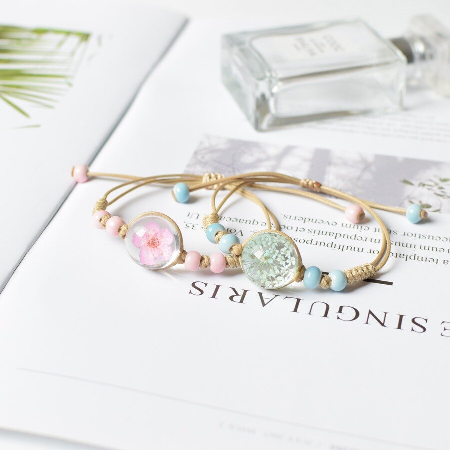 FIMAODZ Süße Blume Gänseblümchen Armbinde Perlen Getrocknete Blumen Löwenzahn Blüte Bunte Charme Armbänder für Frauen Mädchen