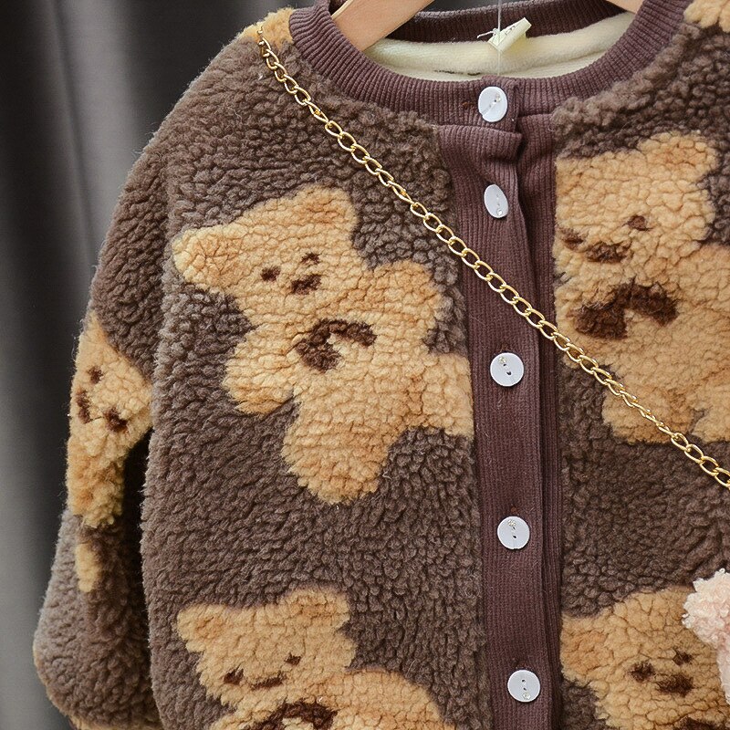 Chaqueta con estampado de oso para niña pequeña, a la abrigo grueso, ropa bonita para mantener el calor, Tops suaves, Otoño e Invierno