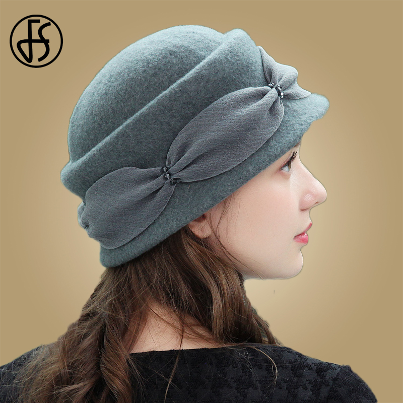 FS Vintage rosa mujer Lana Cloche gorra redonda invierno Fedora cubo Beige vino rojo Bowler sombrero chica gorras