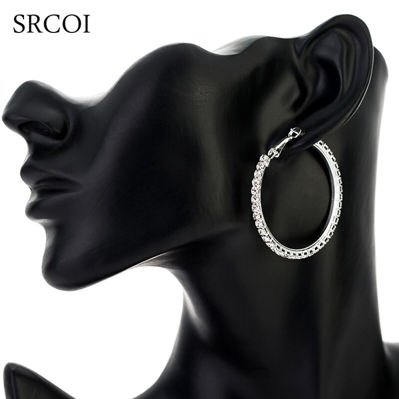 SRCOI Mode Grote Kristallen Oorbellen Hoops Grote Oorringen Zilver Oorbellen Rond Creolen Voor Vrouwen Cirkel Sieraden