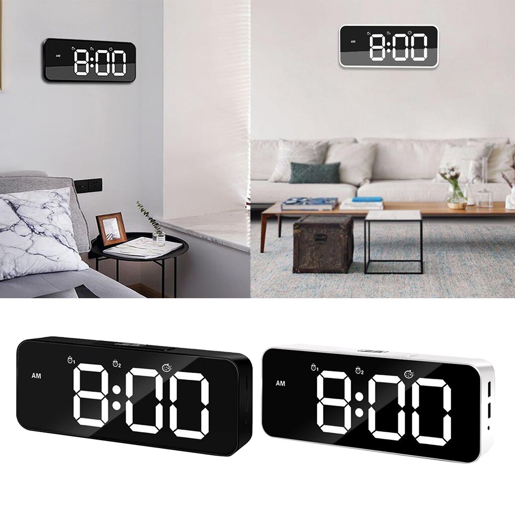 Digital Alarm Clock,Large LED Display with Dual USB Charger Ports ,Easy Snooze Function, Modern Mirror Desk Wall Clock