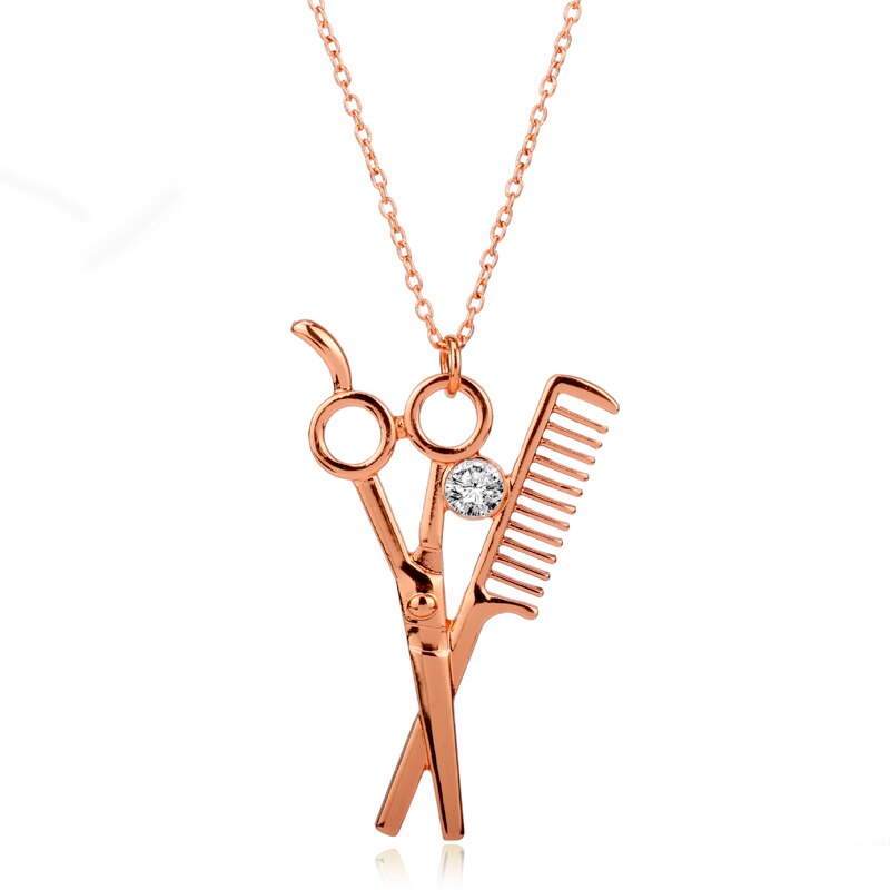 dongsheng Combs Scissors Pendant Rose Gold Scissors jewelry Cosmetologist hair Dresser Rhinestone Necklace Hairdresser: rose gold