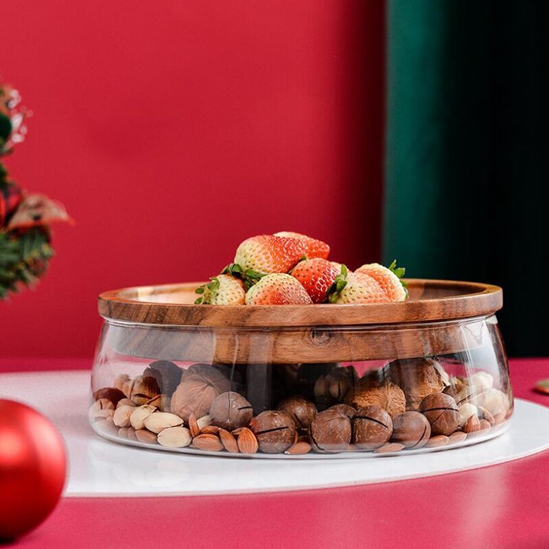 Glass Nuts and Dry Fruits Storage Box Container Double Layer Candy Storage Box with Wooden Lid for Home Kitchen Supply