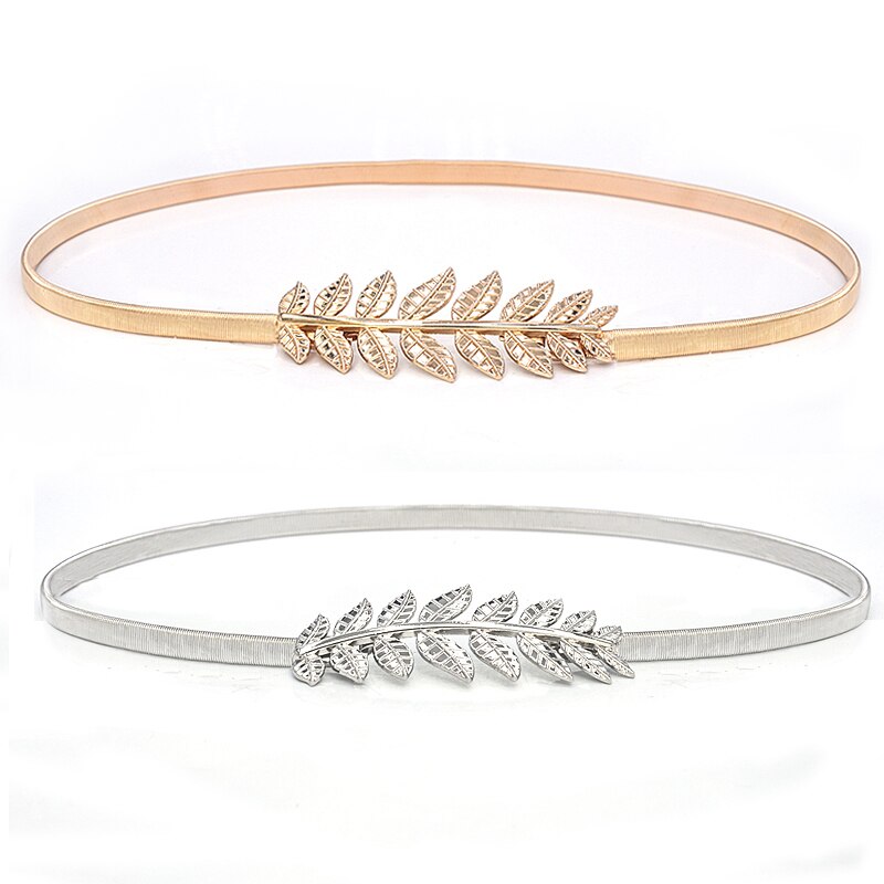 Cinturón de hebilla de metal de hojas de flores para mujer, cinturón de cadena de cintura elástica para mujer, cinturón de mujer fino dorado pasek damski