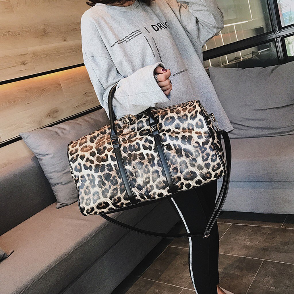 OCARDIAN Foldable Travel Bag Women Large Capacity Portable Shoulder Duffle Bag Leopard Waterproof Weekend Luggage Tote O7