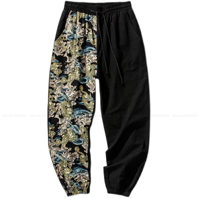 Mannen Linnen Harembroek Japanse Harajuku Stijl Casual Broek Patchwork Bloeiers Chinese Mode Print Bodems Jogger Broek