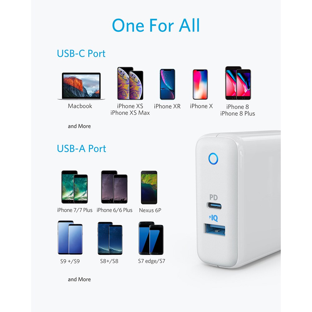 Chargeur USB C Anker, chargeur mural PowerPort Speed + Duo avec Port d'alimentation 30W pour iPhone,iPad Pro,MacBook,Galaxy et plus encore