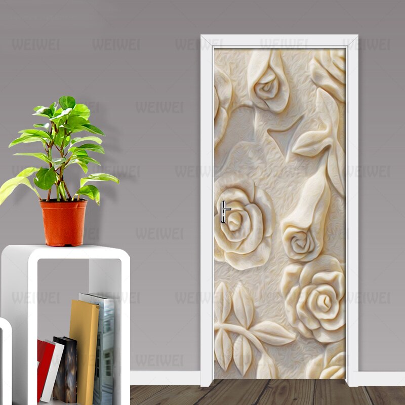 Home Decoration Door Sticker 3D Embossed Rose Wallpaper Living Room Bedroom Kitchen Waterproof Vinyl Door Mural Door Decal Mural