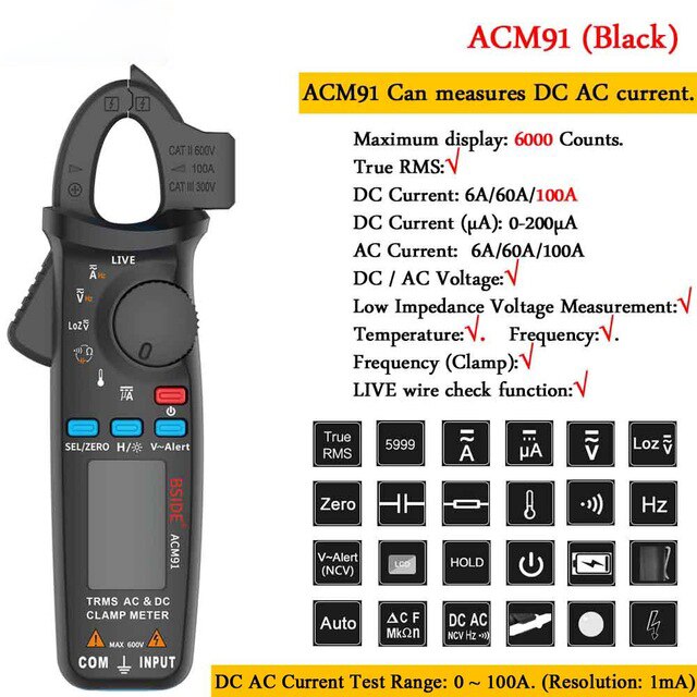 Bside True Rms Digitale Stroomtang Dc Ac Stroom Spanning Temp Condensator Tester Professionele Auto Reparatie Digitale Multimeter: ACM91 Black