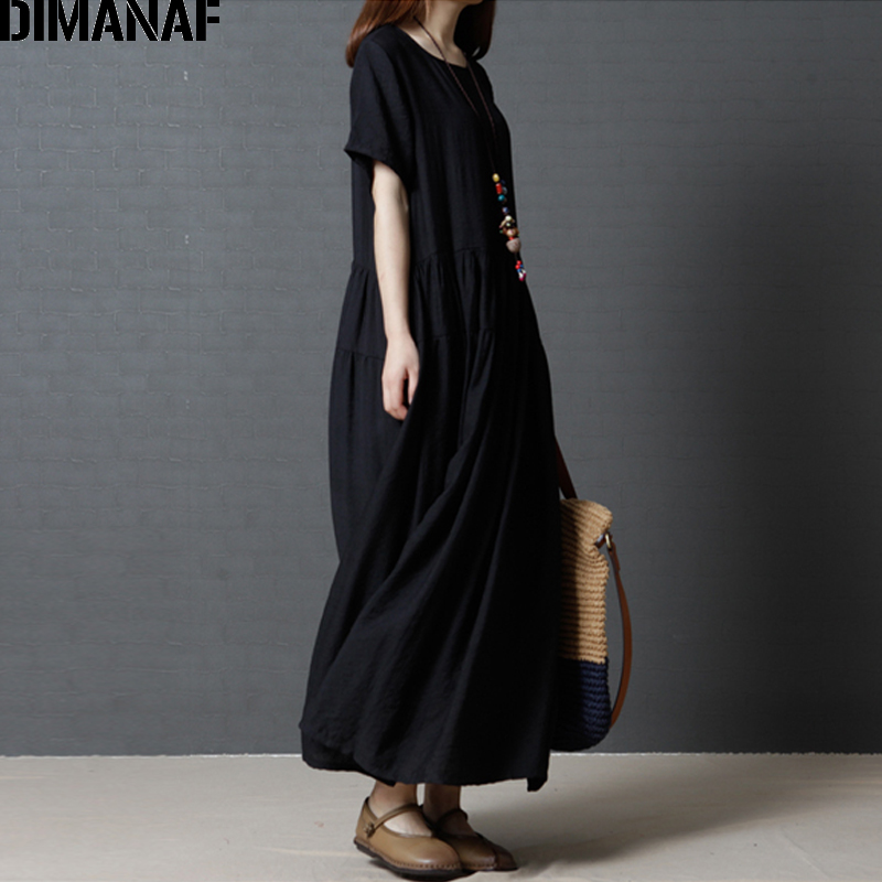 Dimanaf kvinder sommerkjole plus size linned kvindelig dame plisseret vestidos solid sort løs vintage lang kjole m -2xl