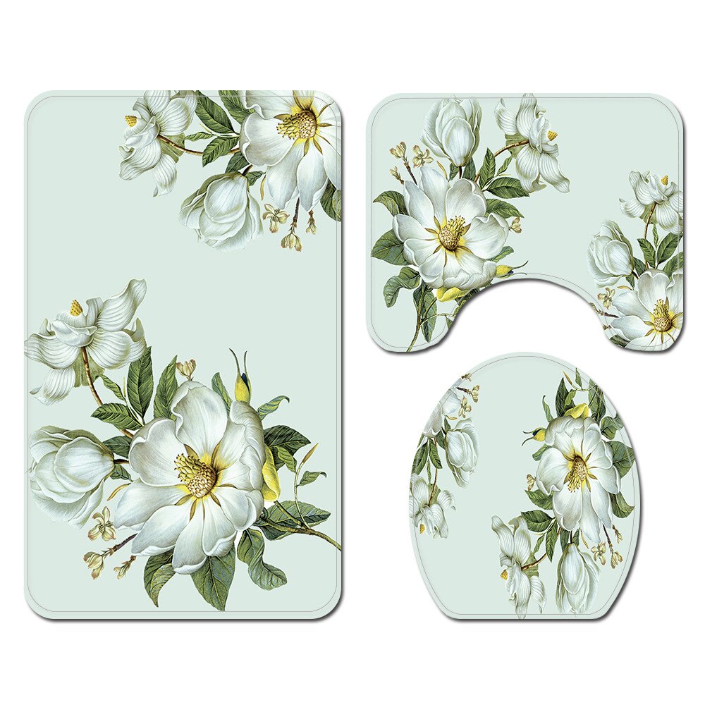 Floral Bathroom Carpet Shower Room Toilet Floor Mat Toilet Seat Cover Mat Bathroom Non-Slip Carpet Mat Set with Shower Curtain: Bath Mats-729