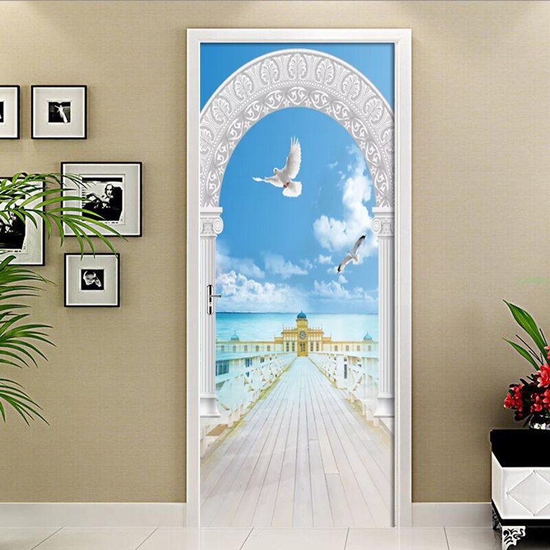 3D Roman Column Seascape PVC Waterproof Self-Adhesive Door Sticker Wallpaper For Living Room Bedroom Door Decals Wall Sticker