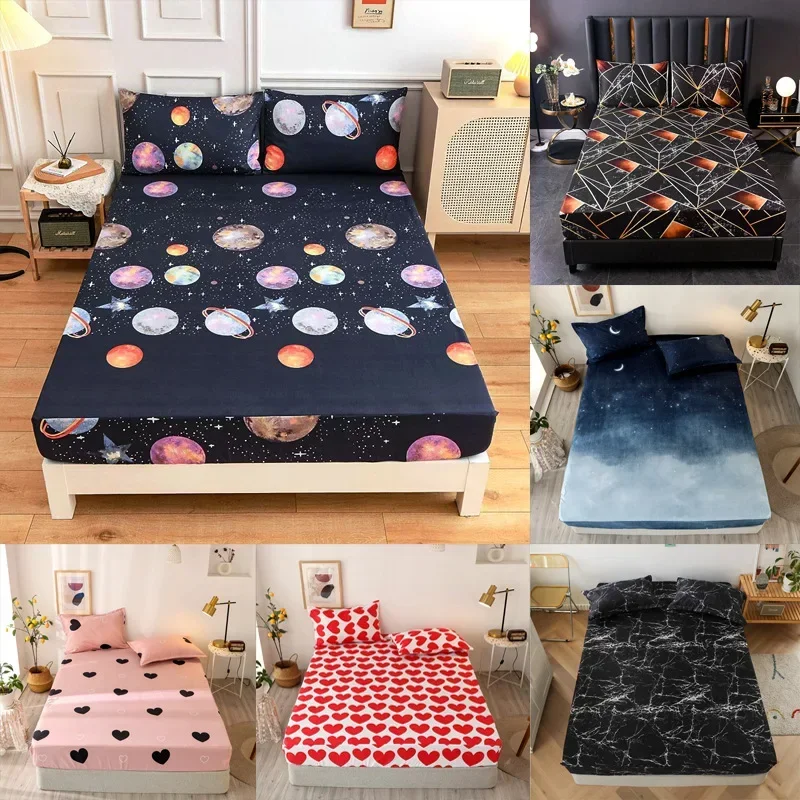 Polyester Print Fitted Sheet with Elastic Band Non Slip Mattress Cover Pillowcase for Single Double Bed 90/120/150/180cm