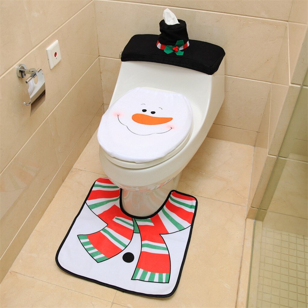Juledekorationer 3 stk santa toiletsædeovertræk og tæppe badeværelsessæt juletoilet wc indretningstilbehør hjem: B