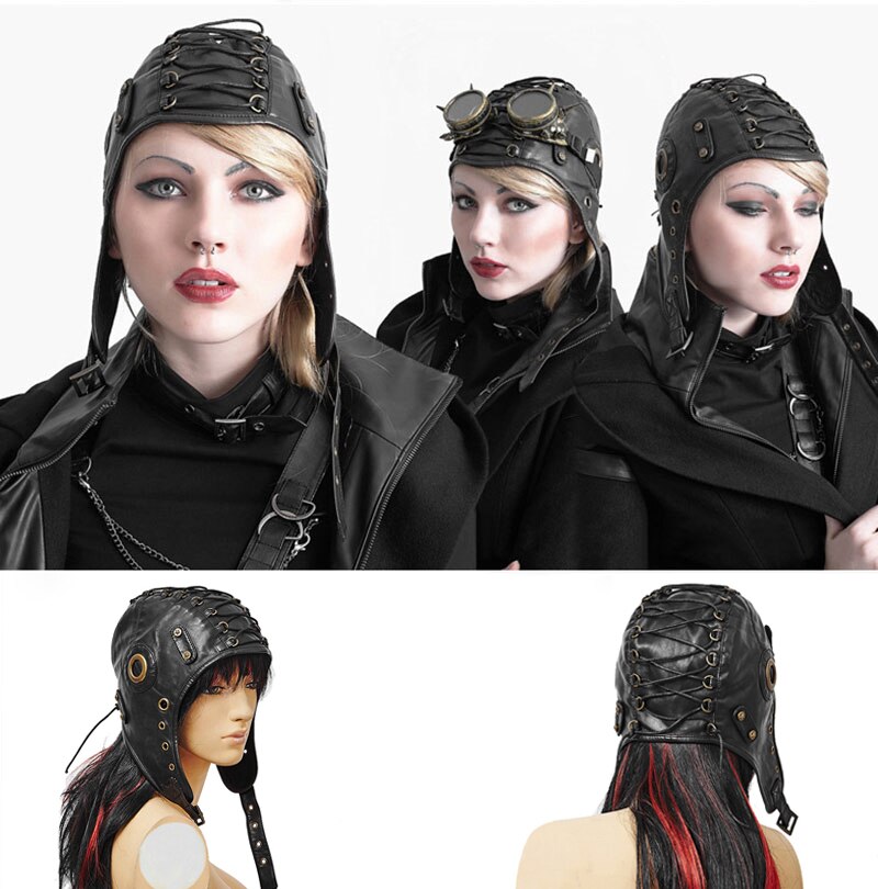 Black Army Pilot Cap Pu Leather Steampunk Soft Lacing Adjustable Windproof Earflap Hat Halloween Punk Costume For Men Women