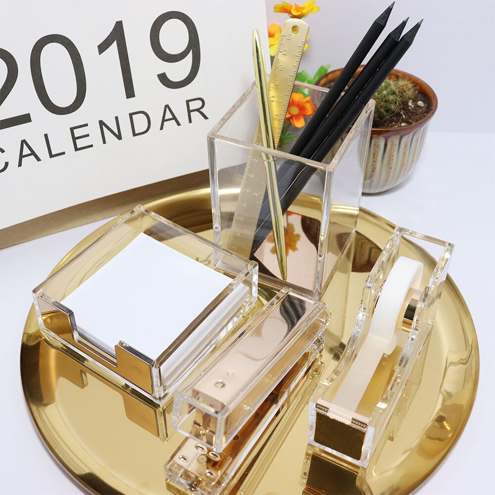 Clear Acrylic Gold Tape Dispenser Stapler with Staples Pen Holder Office Supplies Desktop Accessories Organizer Stationery Set